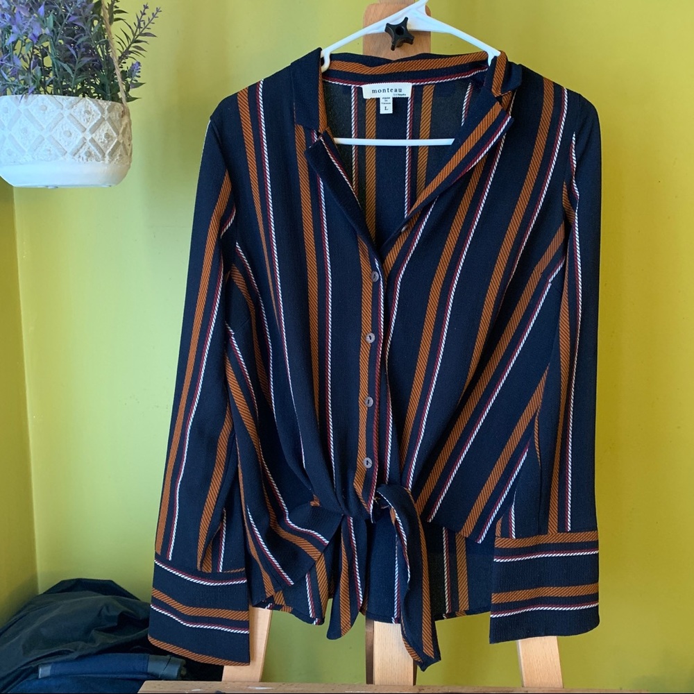 Patterned button down tie-front shirt